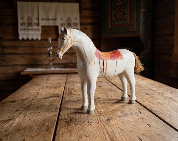 Norwegian Folk Art Horse 1920s 1930s | Hand Carved Wooden Horse Figure | Primitive Scandinavian Decor With Original Paint