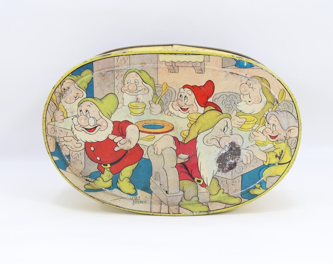 Vintage Disney Dopey Tin Box | 1950s Norwegian Stabburet Metal Lunch Tin | Snow White Seven Dwarfs Collectible