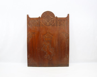 1920s Norwegian Folk Art Wall Shield | Hand Carved Karveskurd Heraldic Lion | Large Scandinavian Wood Panel