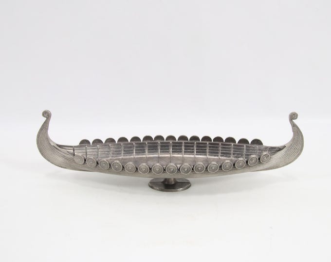 Vintage Norwegian Pewter Oseberg Viking Ship Model | Tinn Anno 800 Longship Decor | Scandinavian Mid Century Nautical Collectible