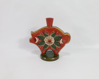 Norwegian Rose Painted Pig Candlestick Holder | Vintage Folk Art Candle Holder | Telemark Design | Art Lover Gift