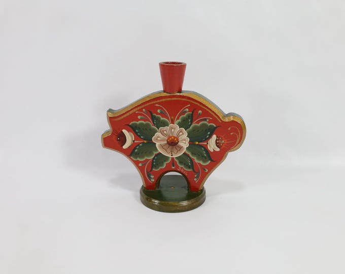 Norwegian Rose Painted Pig Candlestick Holder | Vintage Folk Art Candle Holder | Telemark Design | Art Lover Gift