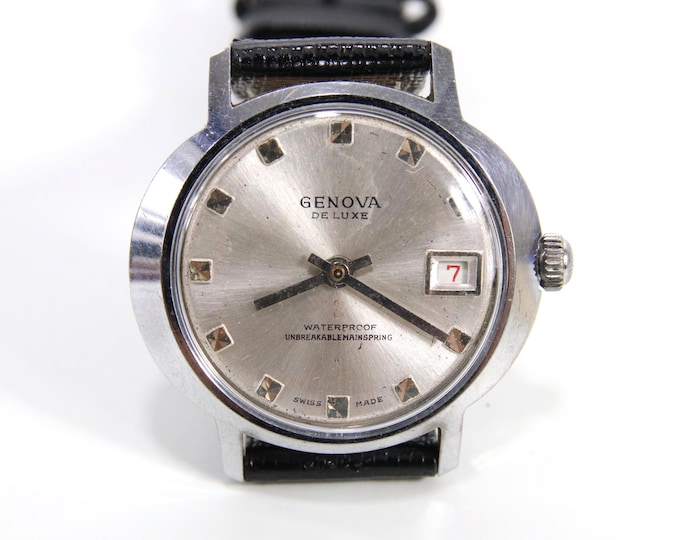 Genova De Luxe Swiss Hand Wound Watch | Vintage 1960s Silver Dial 38mm | Mechanical Men’s Dress Watch with Date Window & New Black Strap