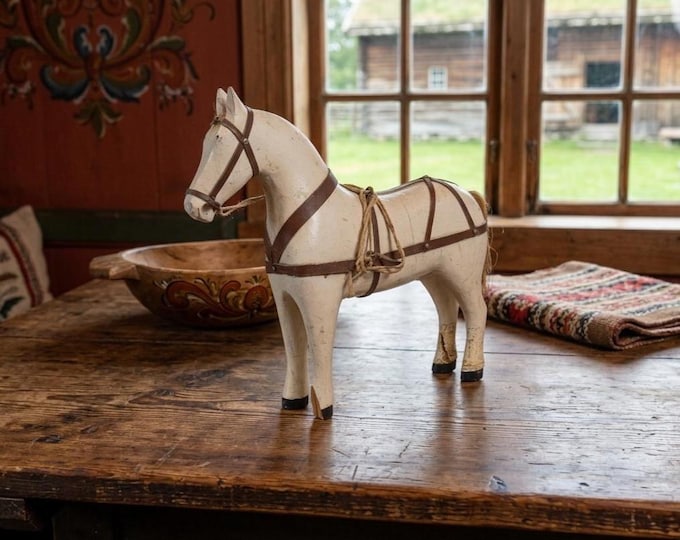 1920s Norwegian Folk Art Horse With Harness | Large Hand Carved Wooden Horse | Scandinavian Primitive Decor Collectible