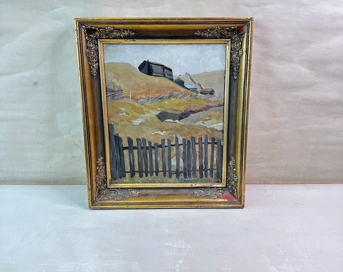Vintage 1800s Golden Frame with Oil Painting - Davidsen 1937 - Scandinavian Farm Motif