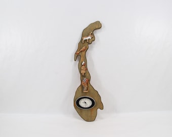 Signed Vintage Ottar Grubbli Norway Map Wall Clock | 1980s Hand Carved Norwegian Folk Art Wood Clock with Reindeer Fish Troll Decor