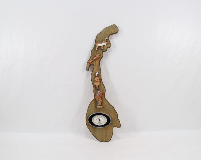 Signed Vintage Ottar Grubbli Norway Map Wall Clock | 1980s Hand Carved Norwegian Folk Art Wood Clock with Reindeer Fish Troll Decor
