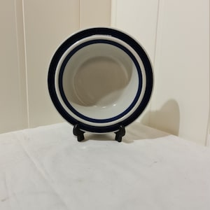 Könnte beinhalten: Eine weiße Keramikschüssel mit blauem Rand und einem blauen Streifen an der Innenseite. Die Schüssel steht auf einem schwarzen Ständer.