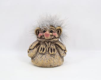 Tusse Troll Figurine | Handmade Norwegian Folklore Figure | Vintage 2000 Nordic Souvenir Troll with Bag and Fur Hair Scandinavian Folk Art