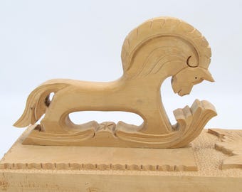 Vintage hand-carved Scandinavian Mangel Board | Nordic folk-art wall decor with sculptural horse handle | 1980s birch wood carving