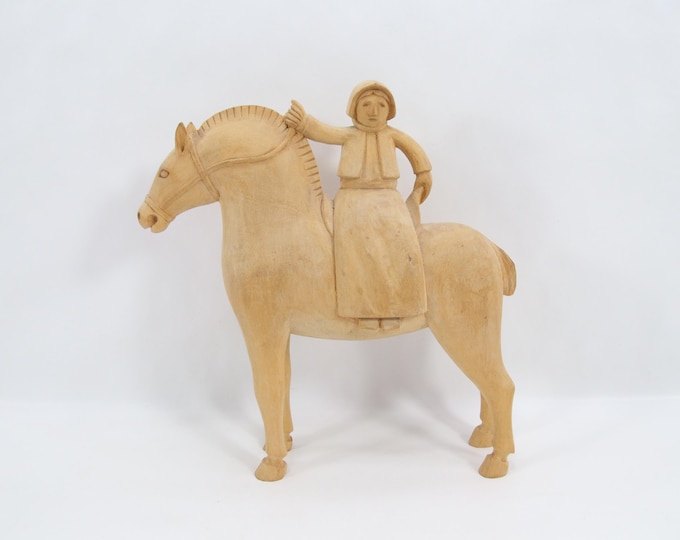 Hand Carved Norwegian Folk Art Horse Rider | 1980s Scandinavian Wooden Figure | Rustic Nordic Decor | Traditional Carved Wood Sculpture