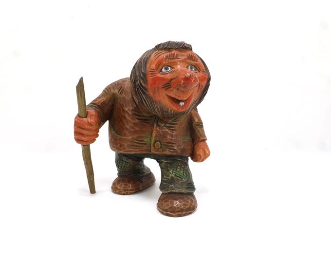Anton Sveen Norwegian Troll Figure | Hand Carved Wood Folk Art Sculpture with Staff | Vintage Scandinavian troll Decor