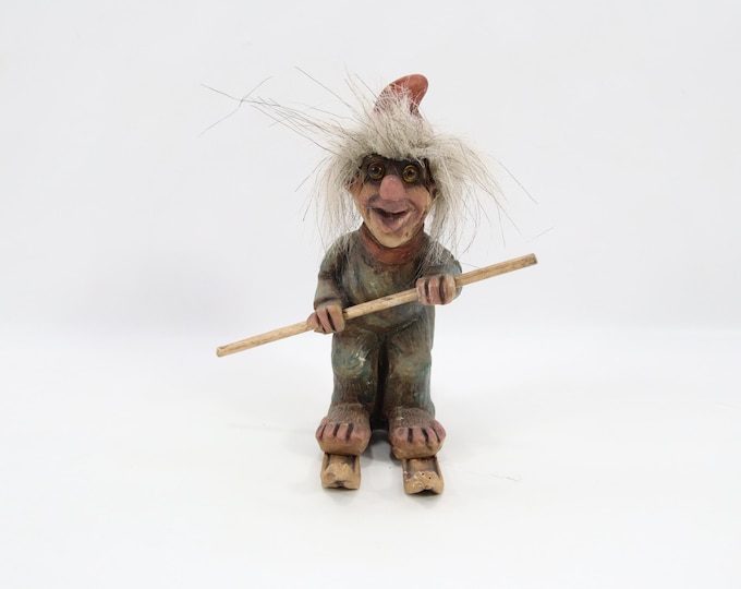 NyForm Ski Troll Norway 1970s | Handmade Norwegian Folk Art Troll Figurine | Nordic Folklore Skier Troll with Poles Vintage