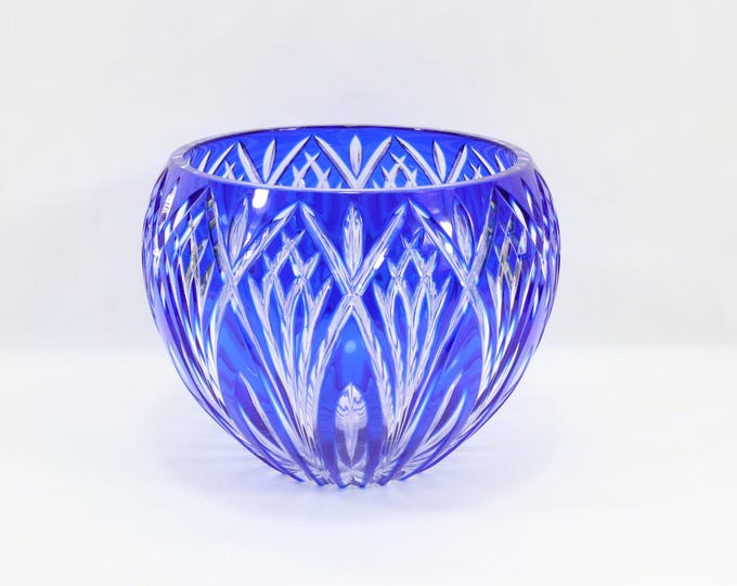 Bohemian Cobalt Blue Cut to Clear Crystal Rose Bowl | Large 1930s Czech Art Glass Vase | Statement Decor Piece