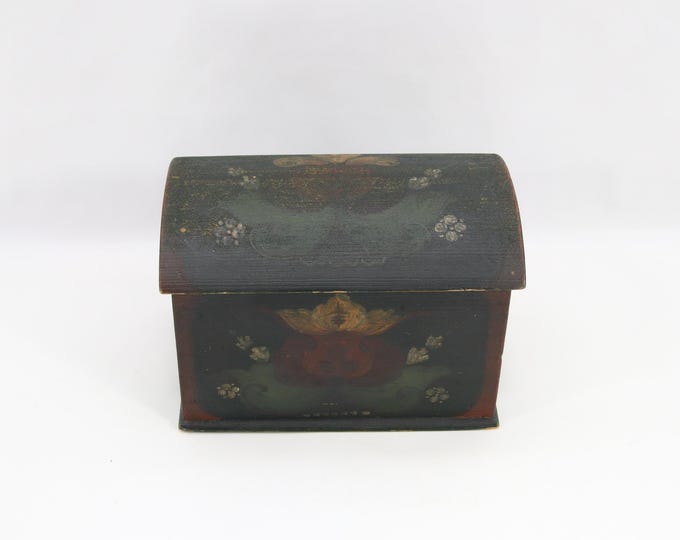 Vintage Hand Painted Wooden Box 1920s | Scandinavian Folk Art Rosemaling Style | Decorative Storage Chest Jewelry Keepsake Box
