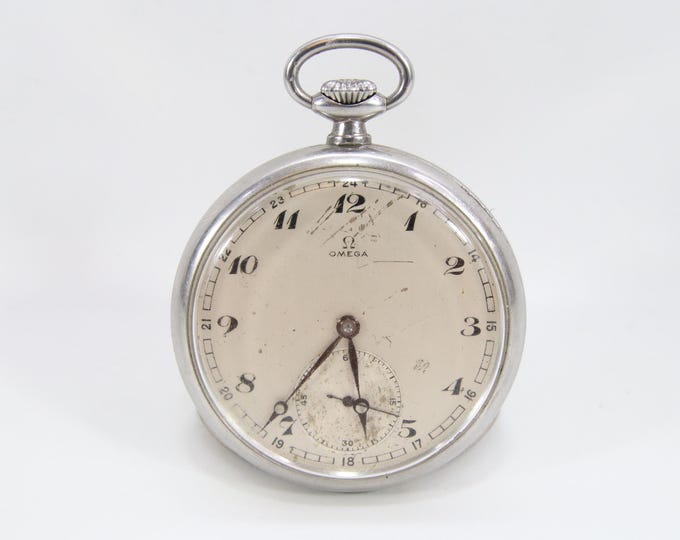 Vintage Omega Pocket Watch | Swiss Made 1930s Acier Staybrite Case | Manual Wind Cal 38.5L T1 | Original Chain & 24 Hour Dial