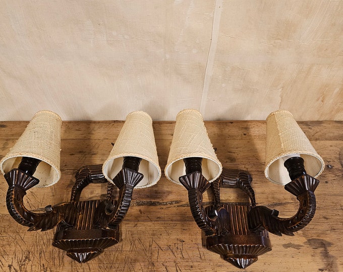Rustic Wood Lamps with Handcrafted Norwegian Folk Art-inspired Elk Figure - Unique Wall Scones for Vintage-inspired Decor