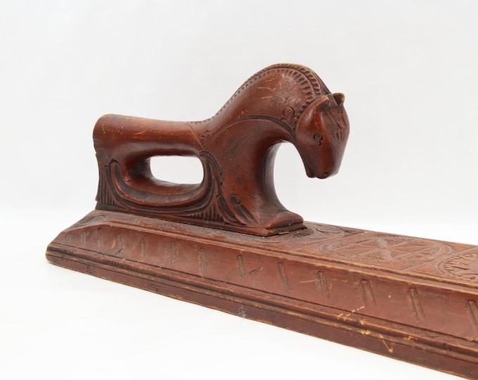 Antique Norwegian Mangling Board 1800s | Rare Detailed Horse Handle Mangelboard | Traditional Folk Art Carving | Romantic Gift Initialed AMJ