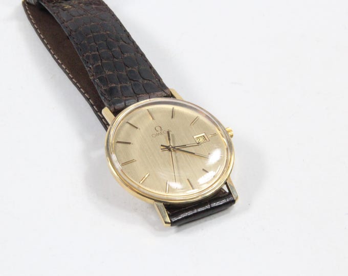 Vintage Omega Quartz Men's Wrist Watch with Date | 14k Original leather Band | Men's Gift | 1980s-90s Timepiece