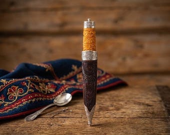 Tore Noddeland Bunad Knife | 925 Silver Engraved Norwegian Costume Knife | Carved Holly Wood Handle Folk Costume Knife Collectible