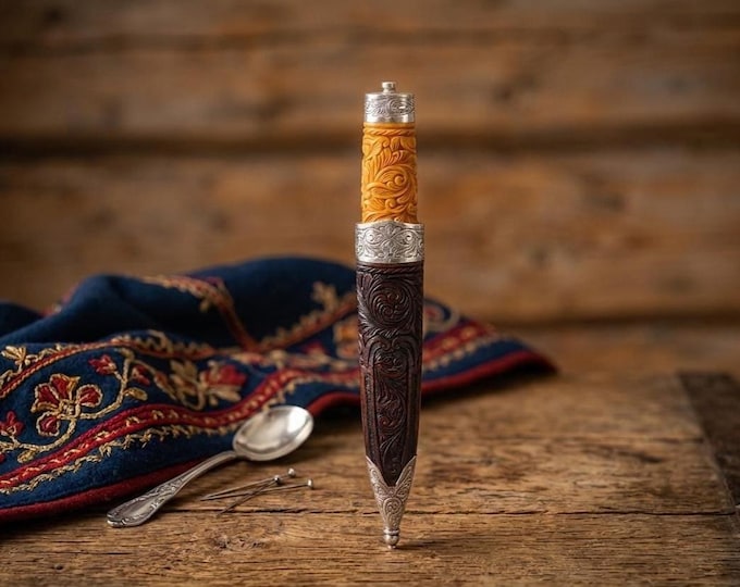 Tore Noddeland Bunad Knife | 925 Silver Engraved Norwegian Costume Knife | Carved Holly Wood Handle Folk Costume Knife Collectible