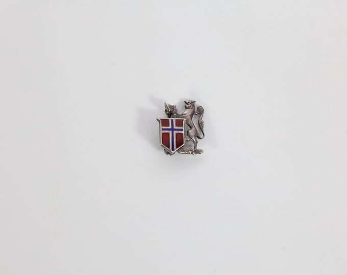 World War 2 Silver Mark Lapel Brooch | Norwegian Royal Coat of Arms | Enamel Lion & Flag | Collector's Piece