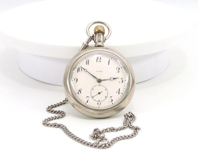 Antique Invar Swiss Pocket Watch ca. 1920s – White Enamel Dial with Arabic Numerals, Manual Wind Mechanical Movement, Includes Chain