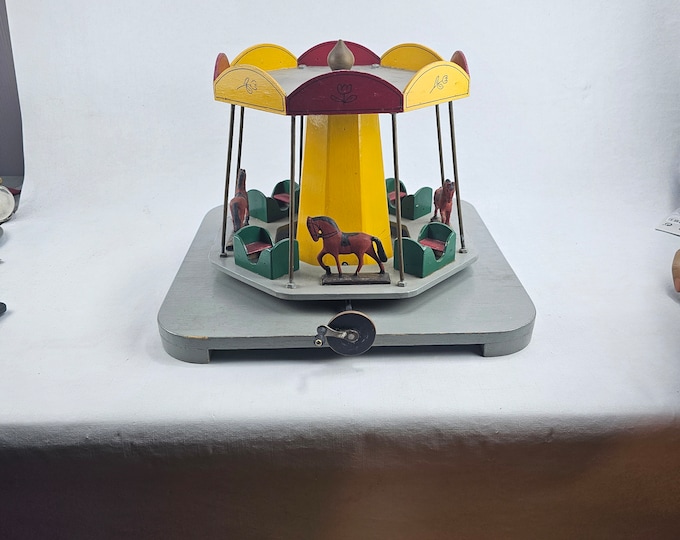 Vintage 1920s Wooden Carousel Toy: Horse & Carriage Circus Attraction - Great American Folk Art