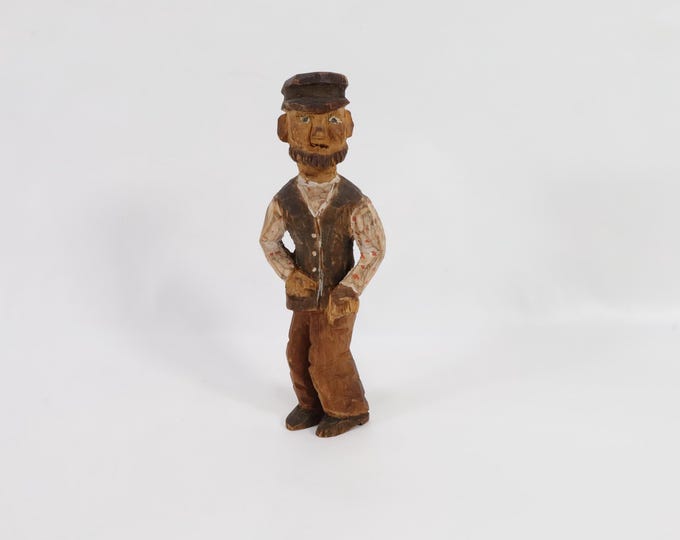 Hand Carved Norwegian Wooden Farmer Figure - Vintage Retro Folk Art Decor