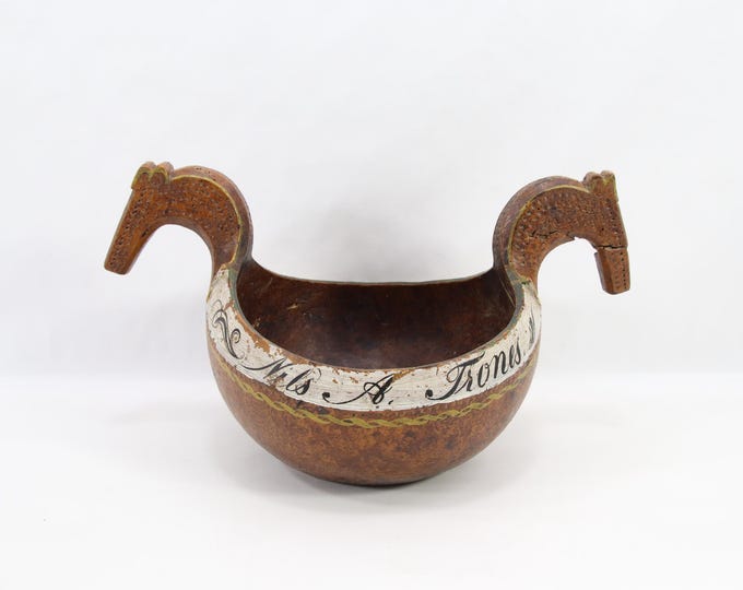 Antique Norwegian Kjenge Ale Bowl Dated 1885 | Hand Carved Wooden Beer Bowl With Horse Head Handles | Folk Art Vessel