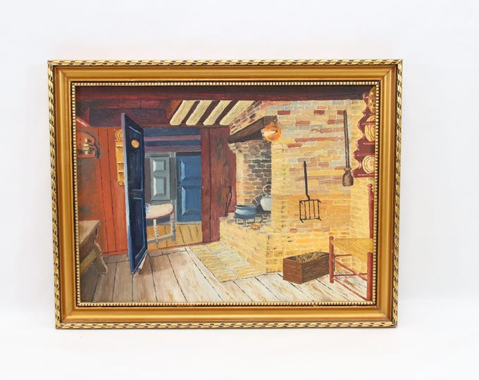 Vintage Norwegian Oil Painting 1970s | Rustic 1800s Farmhouse Kitchen Scene | Folk Art Wall Decor | Scandinavian Interior Artwork