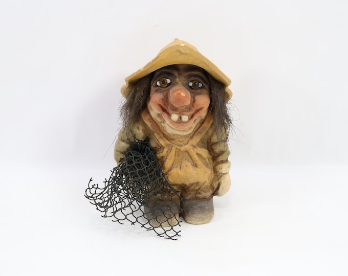 Norwegian Fosse Troll Fisherman Figurine Model 301 | Vintage Scandinavian Fisher Troll with Net | Norway Folklore Figure 1970s Collectible