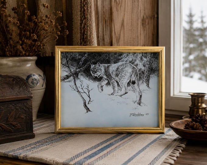 Vintage Jan Petter Bratsberg Porcelain Art Print 1987 | Framed Norwegian Lynx Wildlife Plaque | Signed Limited Edition 883/1200 Gaupe