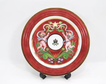 Vintage Porsgrund Christmas Plate Norway | Nordic Porcelain Dessert Plate | Angels & Star Design | Red Gold Scandinavian Holiday Tableware