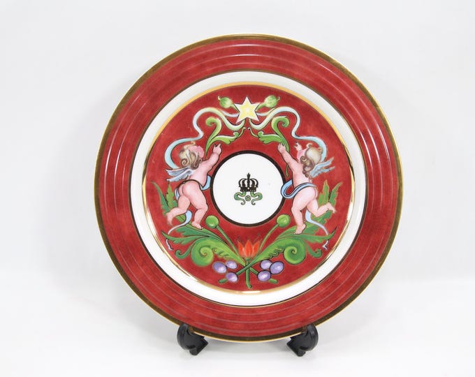 Vintage Porsgrund Christmas Plate Norway | Nordic Porcelain Dessert Plate | Angels & Star Design | Red Gold Scandinavian Holiday Tableware