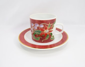 Vintage Porsgrund Christmas Cup and Saucer Norway | Nordic Porcelain Holiday Tableware | Angel Floral Design | Scandinavian Collectible