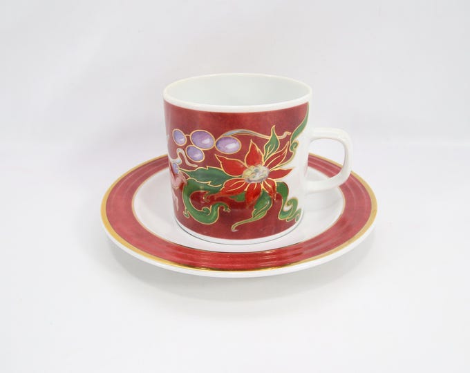Vintage Porsgrund Christmas Cup and Saucer Norway | Nordic Porcelain Holiday Tableware | Angel Floral Design | Scandinavian Collectible