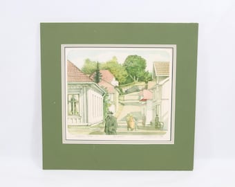 Vintage Scandinavian Cityscape Lithograph | Signed Norwegian Street Scene Art Print | Kjell Thorjussen 1984 Limited Edition 8/100