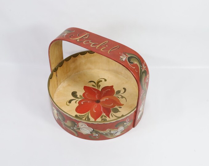 Vintage Handmade Norwegian Bentwood Basket - Folk Art Rose Painted Kitchen Decor