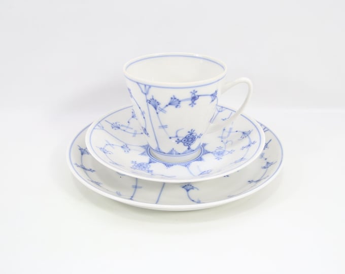 Porsgrund Bogstad Straw Pattern Trio | Hand Painted Blue Porcelain | 1962 Norwegian Coffee Cup Set