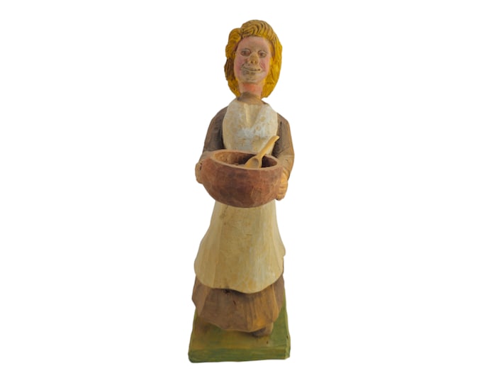 Retro vintage Norwegian Wooden Figurine - House Lady Figure with Porridge - Hand Carved & Signed - Norwegian folk art figure