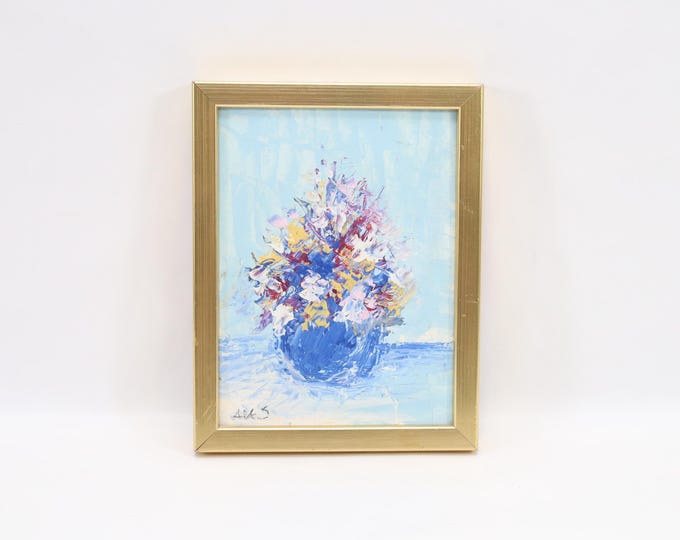 Signed APKS Original Oil Painting – Colorful Floral Still Life in Blue Vase, Vintage Expressionist Wall Art with Gold Frame