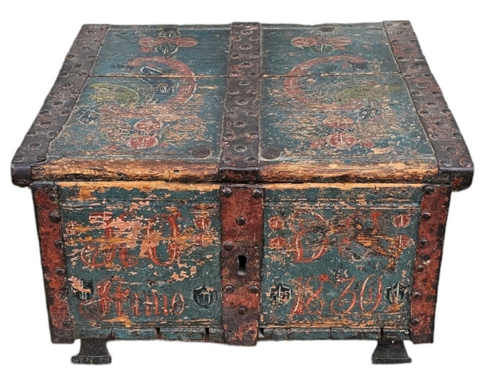 Handmade Antique Folk Art Transport Chest with Hand-Forged Fittings - Rare Treasure Box from 19th Century
