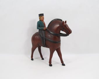 Hand Carved Norwegian Folk Art Horse Rider | 1980s Scandinavian Wooden Figure | Rustic Nordic Decor | Traditional Carved Horse Sculpture