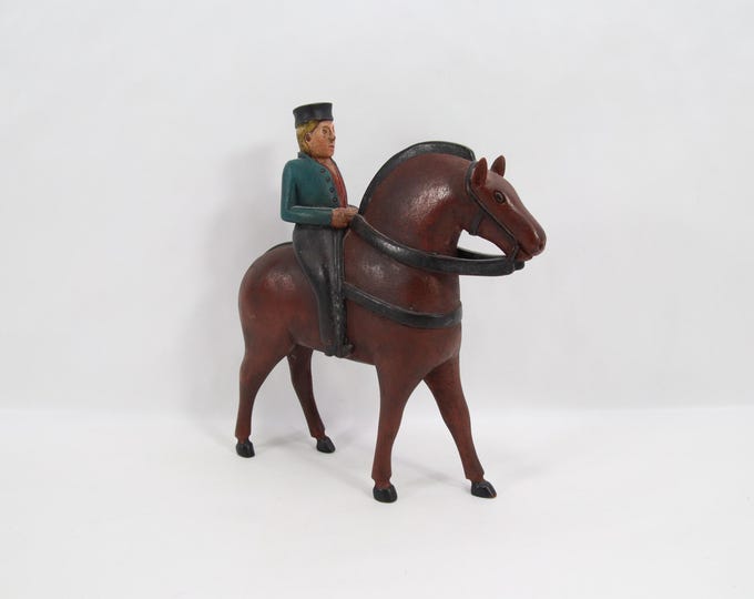 Hand Carved Norwegian Folk Art Horse Rider | 1980s Scandinavian Wooden Figure | Rustic Nordic Decor | Traditional Carved Horse Sculpture