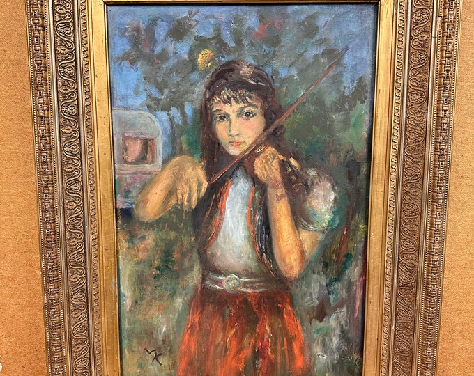 Vintage Norwegian Portrait Oil Painting - Enchanting Traveling Girl with Violin - Handcrafted Collectible Art