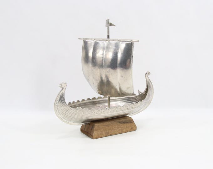 Vintage Haugrud Norway Pewter Viking Ship | 1970s Scandinavian Nautical Decor | Reclaimed Oak Base Norwegian Collector Piece