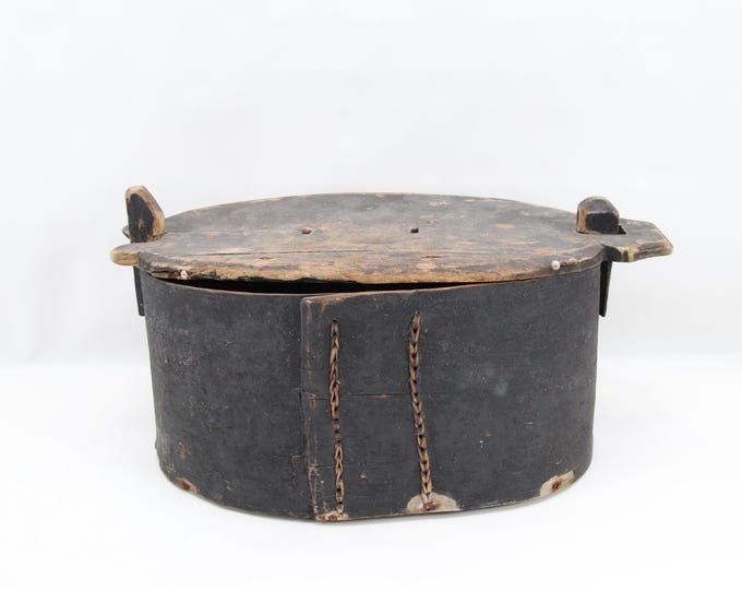 Early 1800s Scandinavian Bentwood Box | Large Oval Folk Art Storage Box | Primitive Black Painted Wood Container