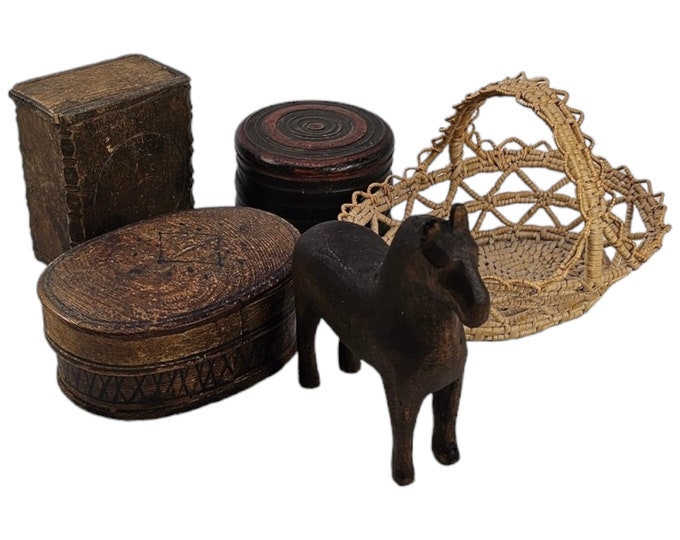 Vintage Norwegian Folk Art Collection: Wooden Horse, Hymn Book Box, Wicker Basket & Tobacco Boxes