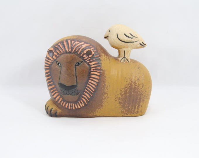 Lisa Larson Lion with Bird Figurine | Vintage Scandinavian Ceramic Art by Gustavsberg Sweden | Nordic Mid Century Style Decor